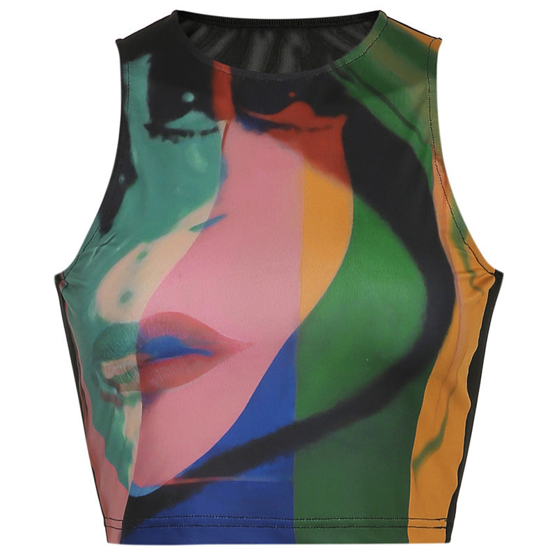 Retro Painting Print  Tank Top Vintage Mesh Tops Women - Mubimart -  