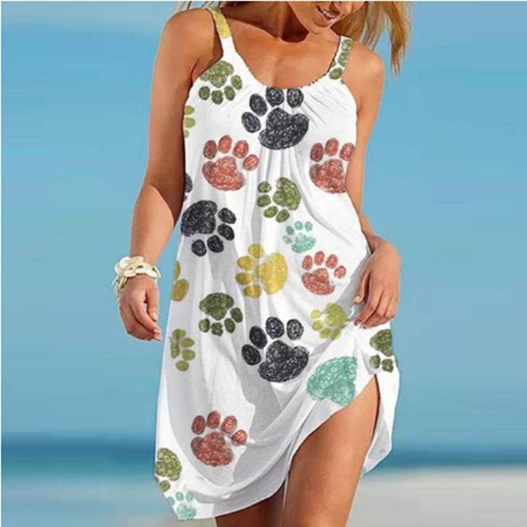 Printed Vest Camisole Sleeveless Loose Dress - Mubimart