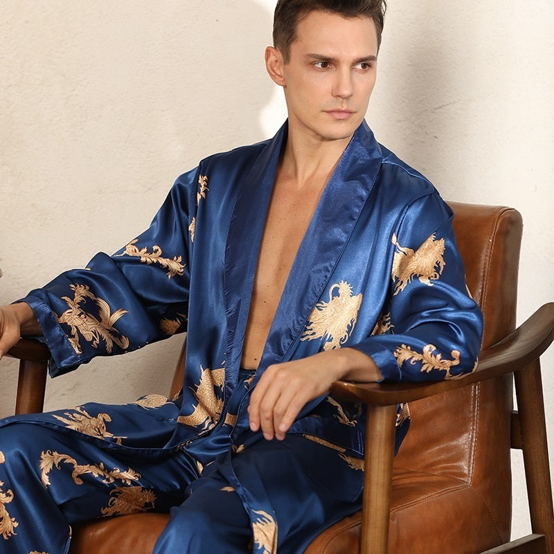 Luxury Silk Robe Pants Pajama Set Two-piece Imitate Silk Long-sleeved Pajamas Large Size Bathrobes Robe Sets For Men Clothing - Mubimart - Pajama Set 