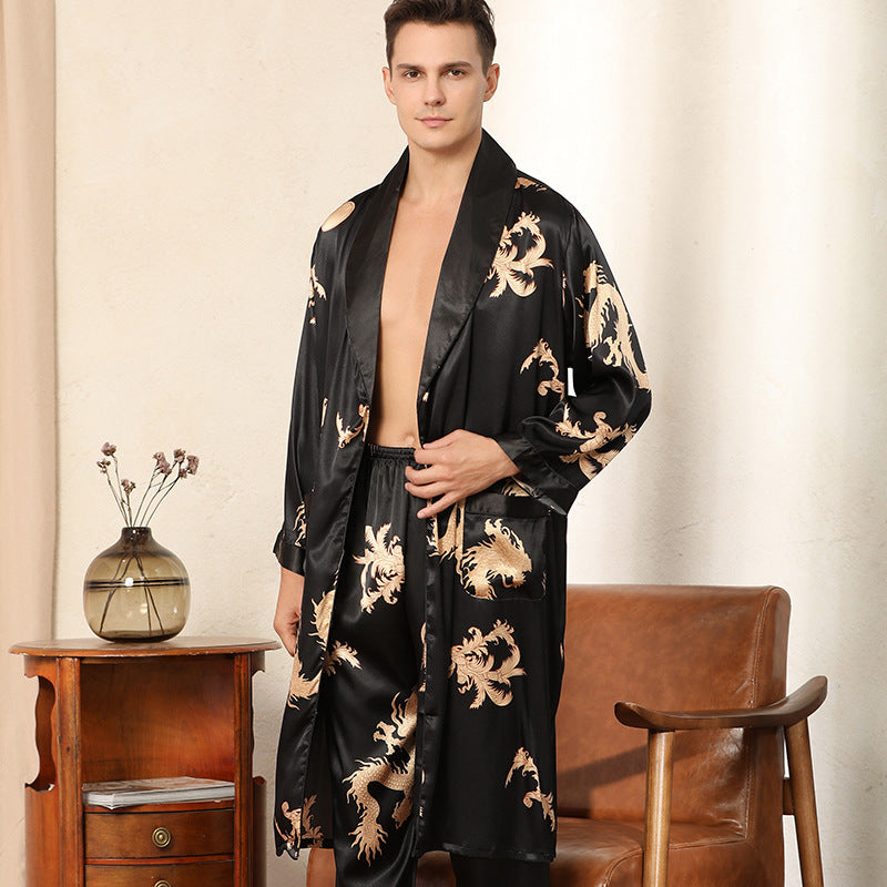 Luxury Silk Robe Pants Pajama Set Two-piece Imitate Silk Long-sleeved Pajamas Large Size Bathrobes Robe Sets For Men Clothing - Mubimart -  