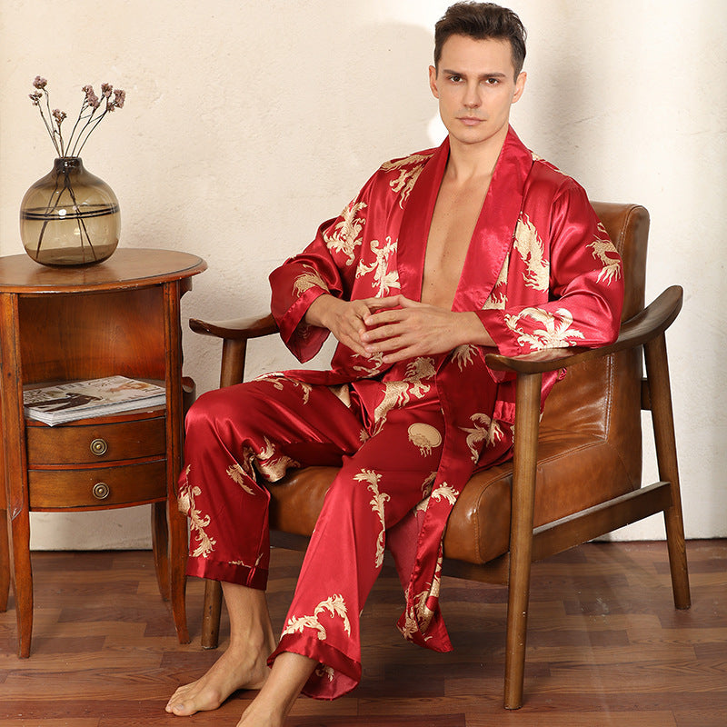 Luxury Silk Robe Pants Pajama Set Two-piece Imitate Silk Long-sleeved Pajamas Large Size Bathrobes Robe Sets For Men Clothing - Mubimart -  