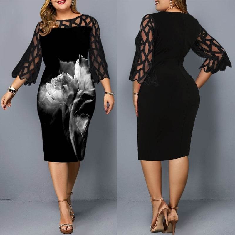 Ladies Floral Plus Size Fat Women Party Bodycon Big Dress - Mubimart