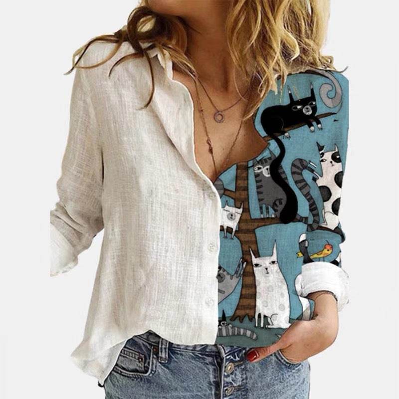 Cartoon Print Stitching Lapel Long-sleeved Button Blouse Women - Mubimart