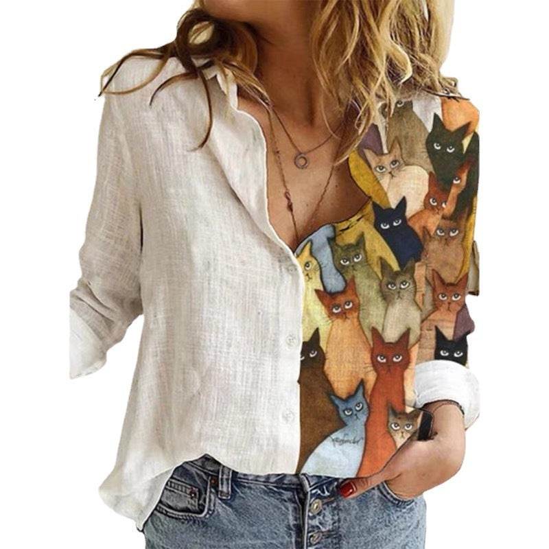 Cartoon Print Stitching Lapel Long-sleeved Button Blouse Women - Mubimart