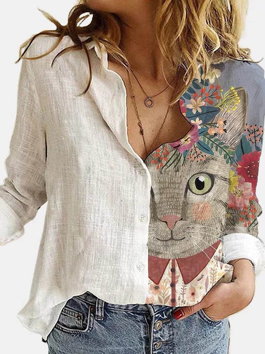 Cartoon Print Stitching Lapel Long-sleeved Button Blouse Women - Mubimart