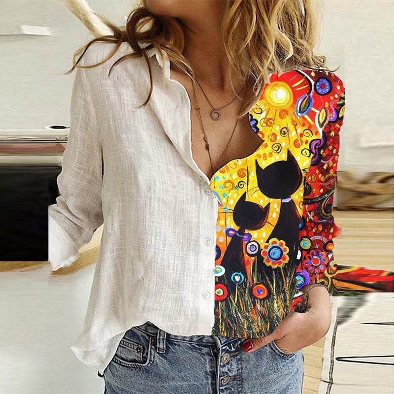 Cartoon Print Stitching Lapel Long-sleeved Button Blouse Women - Mubimart