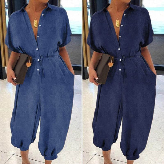 Pure Color Plus Size Casual Short-sleeved Denim Jumpsuit - Mubimart