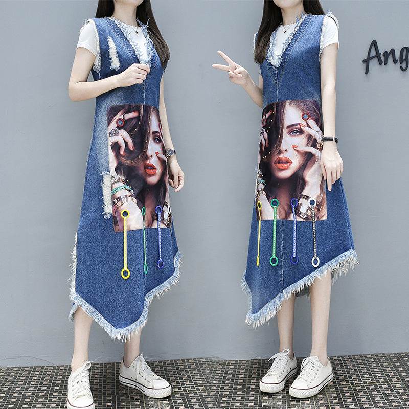 Korean Version Of Plus Size Women's Avatar Single Breasted Belly Fat Sister Denim Blue Dress - Mubimart