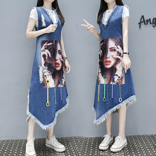 Korean Version Of Plus Size Women's Avatar Single Breasted Belly Fat Sister Denim Blue Dress - Mubimart