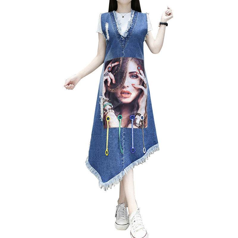 Korean Version Of Plus Size Women's Avatar Single Breasted Belly Fat Sister Denim Blue Dress - Mubimart