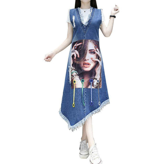 Korean Version Of Plus Size Women's Avatar Single Breasted Belly Fat Sister Denim Blue Dress - Mubimart