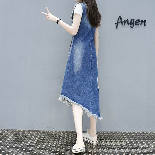 Korean Version Of Plus Size Women's Avatar Single Breasted Belly Fat Sister Denim Blue Dress - Mubimart