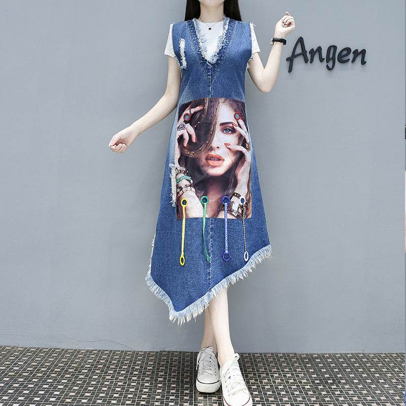 Korean Version Of Plus Size Women's Avatar Single Breasted Belly Fat Sister Denim Blue Dress - Mubimart