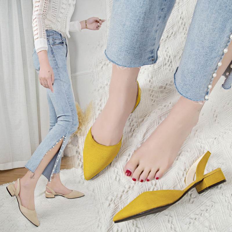 Womens Flats Low Heel Pointed Shallow Mouth Suede Slingback - Mubimart