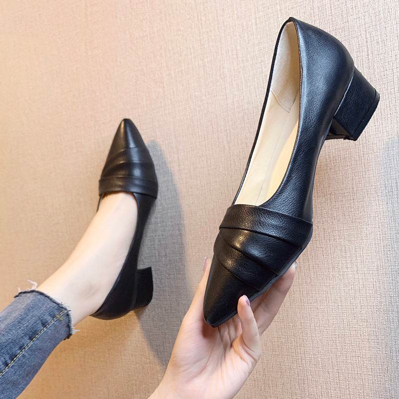 Business heel shoes, soft leather pointed mid-heel shoes, Mary Jane shoes, thick heel work shoes - Mubimart