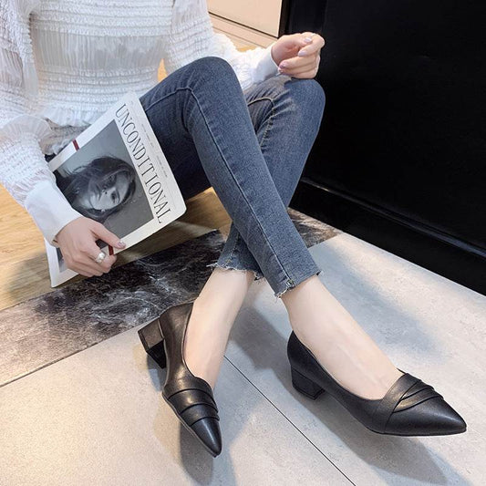 Business heel shoes, soft leather pointed mid-heel shoes, Mary Jane shoes, thick heel work shoes - Mubimart