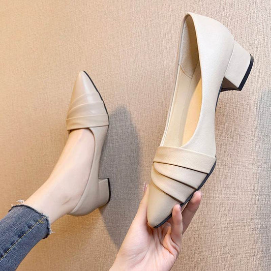 Business heel shoes, soft leather pointed mid-heel shoes, Mary Jane shoes, thick heel work shoes - Mubimart