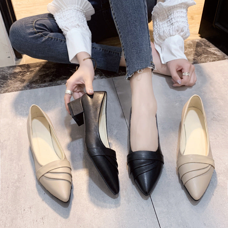 Business heel shoes, soft leather pointed mid-heel shoes, Mary Jane shoes, thick heel work shoes