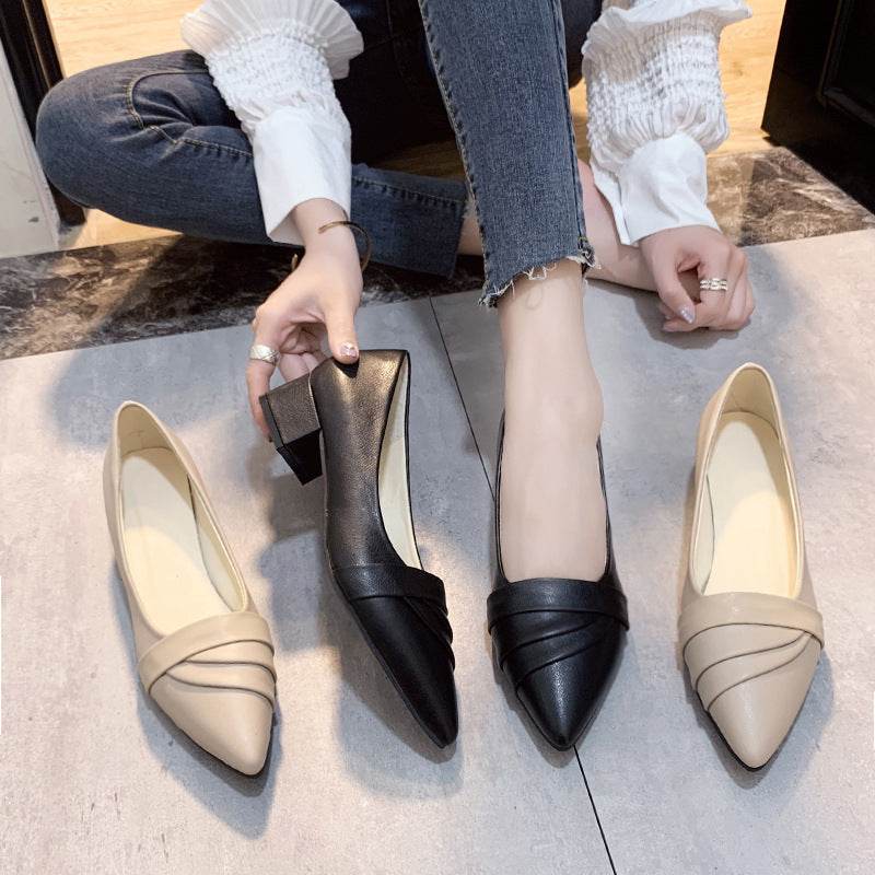 Business heel shoes, soft leather pointed mid-heel shoes, Mary Jane shoes, thick heel work shoes - Mubimart