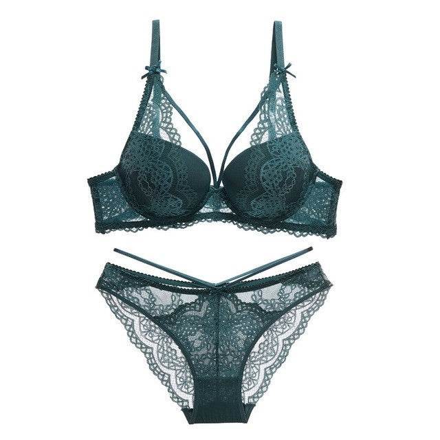 Green Underwear Set Women Bra Push Up Bra Panties Lingerie - Mubimart