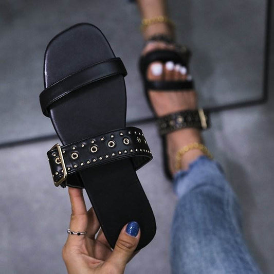 Summer Metal Decoration Slides Square Heel Non-slip Sandals Slippers - Mubimart