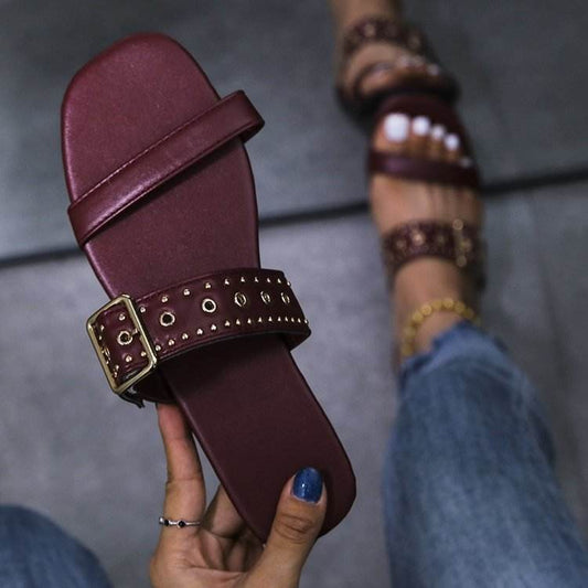 Summer Metal Decoration Slides Square Heel Non-slip Sandals Slippers - Mubimart