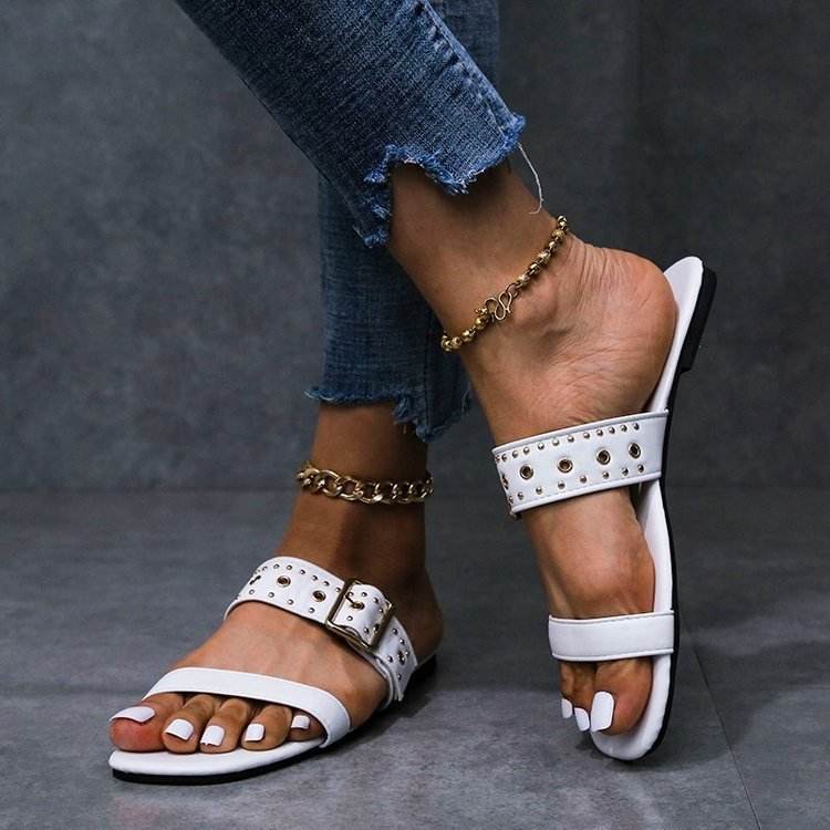 Summer Metal Decoration Slides Square Heel Non-slip Sandals Slippers - Mubimart