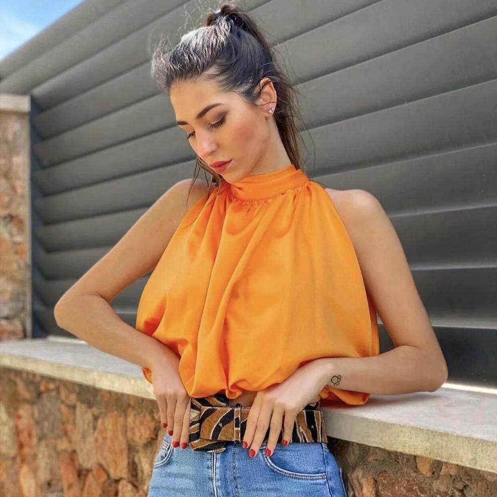 Sexy Blouses Orange Crop Ladies Shirt - Mubimart