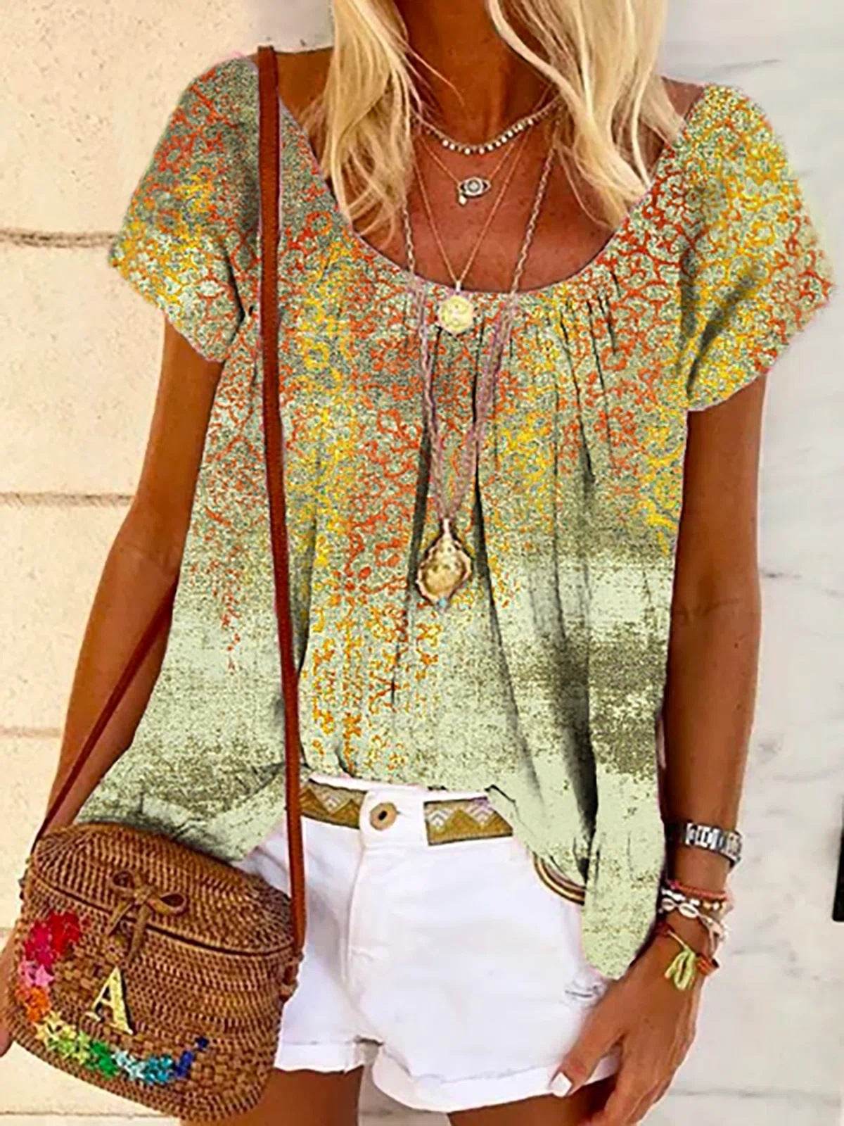 Fashion Printed Bat Sleeve Loose Plus Size T-shirt - Mubimart