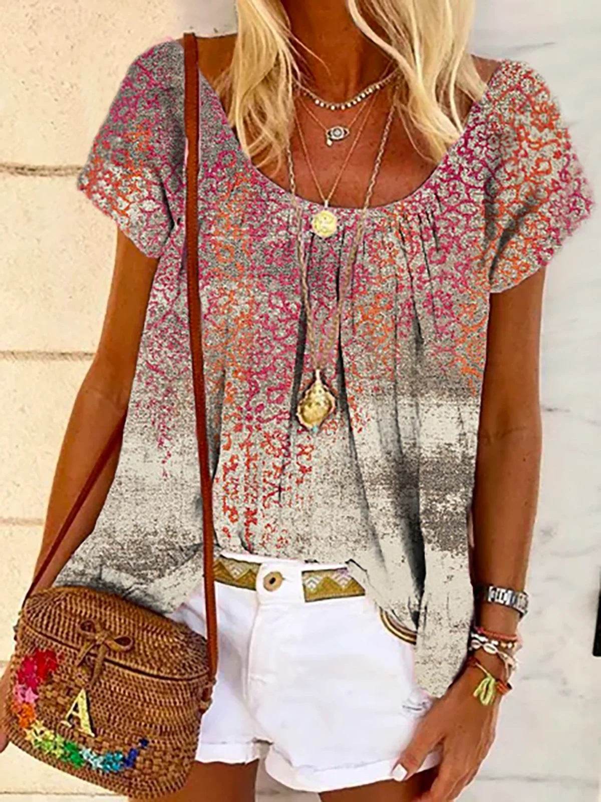 Fashion Printed Bat Sleeve Loose Plus Size T-shirt - Mubimart