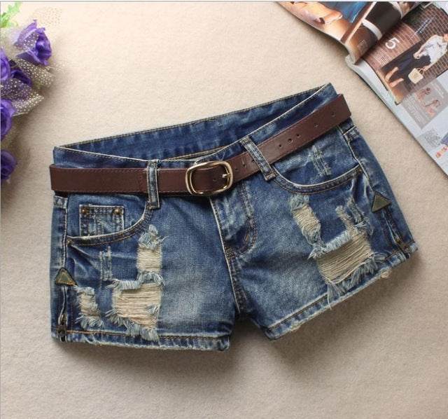 Women Denim Shorts Mini Rivet Holes Jeans Low Waist - Mubimart