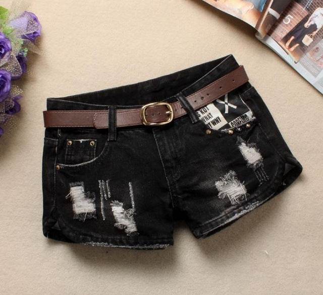 Women Denim Shorts Mini Rivet Holes Jeans Low Waist - Mubimart