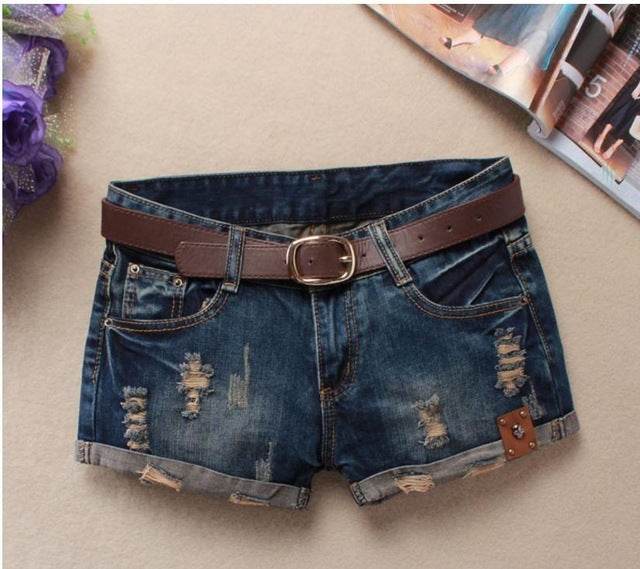 Women Denim Shorts Mini Rivet Holes Jeans Low Waist - Mubimart