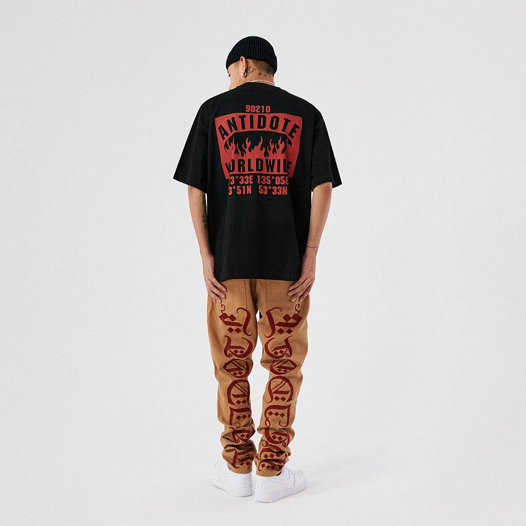 Khaki Embroidered Straight Twill Casual Pants - Mubimart