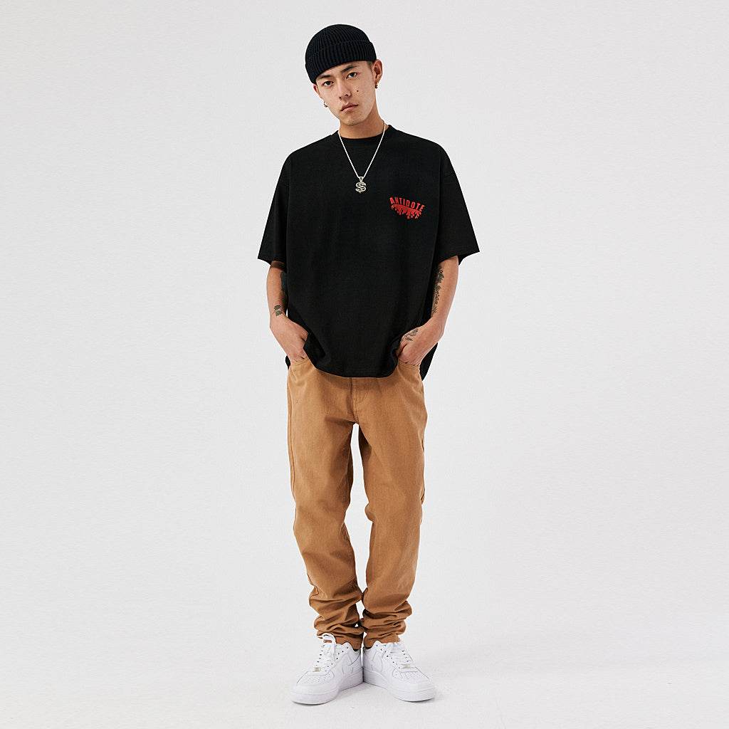 Khaki Embroidered Straight Twill Casual Pants - Mubimart
