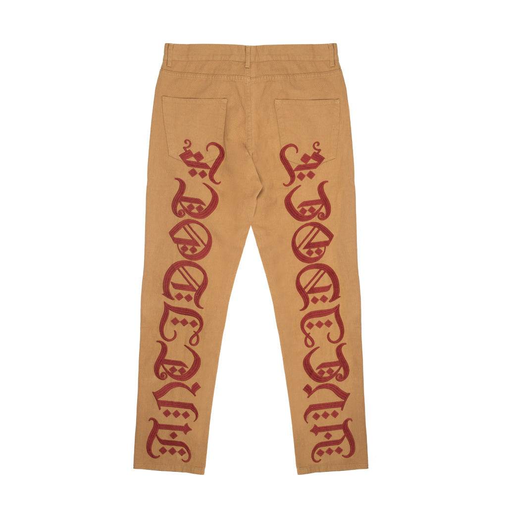 Khaki Embroidered Straight Twill Casual Pants - Mubimart