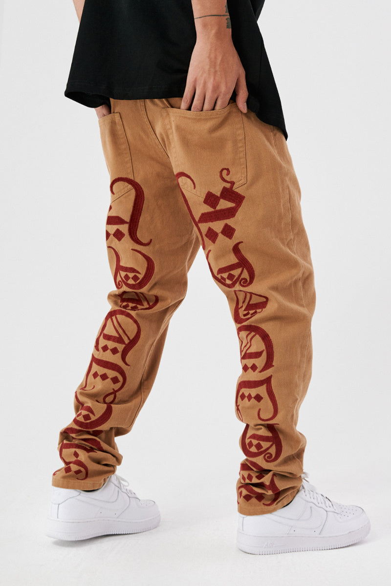 Khaki Embroidered Straight Twill Casual Pants