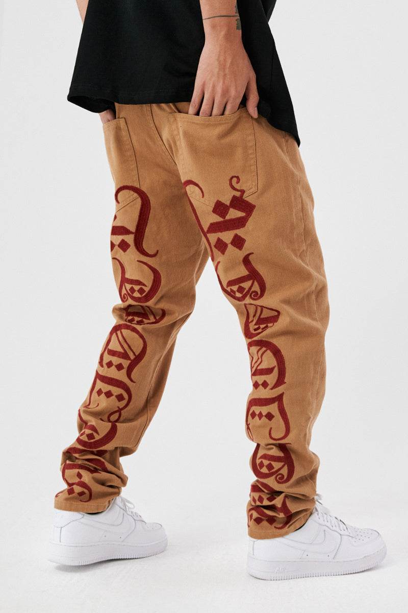 Khaki Embroidered Straight Twill Casual Pants - Mubimart