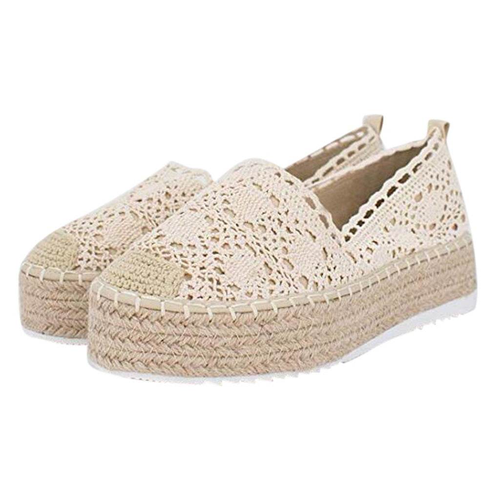 Women Flats Shoes Espadrilles Flatform Lace Canvas Hollow Floral - Mubimart