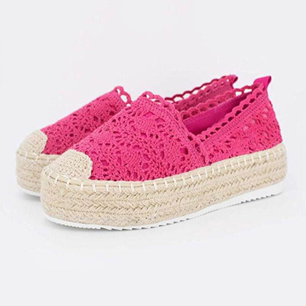 Women Flats Shoes Espadrilles Flatform Lace Canvas Hollow Floral - Mubimart
