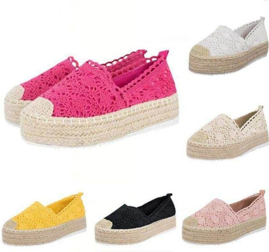Women Flats Shoes Espadrilles Flatform Lace Canvas Hollow Floral - Mubimart