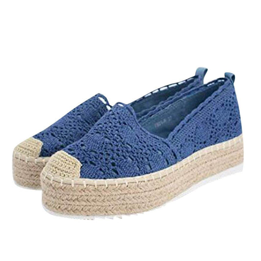 Women Flats Shoes Espadrilles Flatform Lace Canvas Hollow Floral - Mubimart