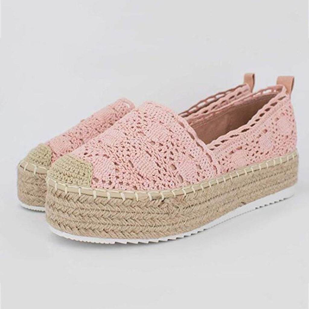 Women Flats Shoes Espadrilles Flatform Lace Canvas Hollow Floral - Mubimart