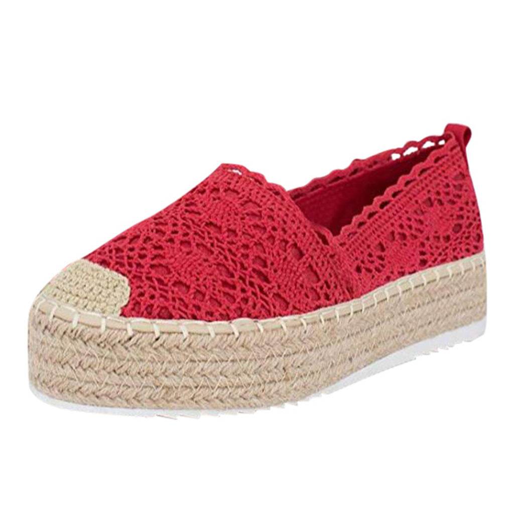 Women Flats Shoes Espadrilles Flatform Lace Canvas Hollow Floral - Mubimart