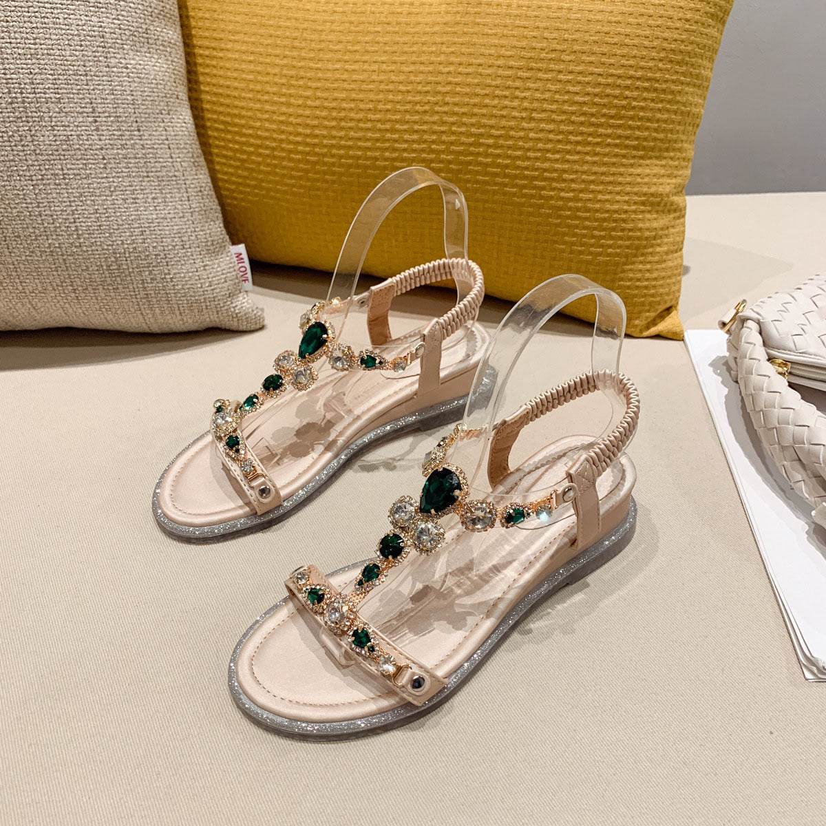 Fashion Wedge Heel Rhinestone Beach Sandals - Mubimart