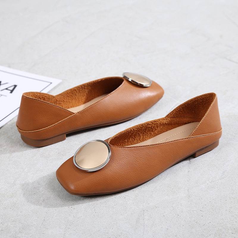 Womens Flats Shoes Ballet Vintage Genuine Leather Metal Circle - Mubimart