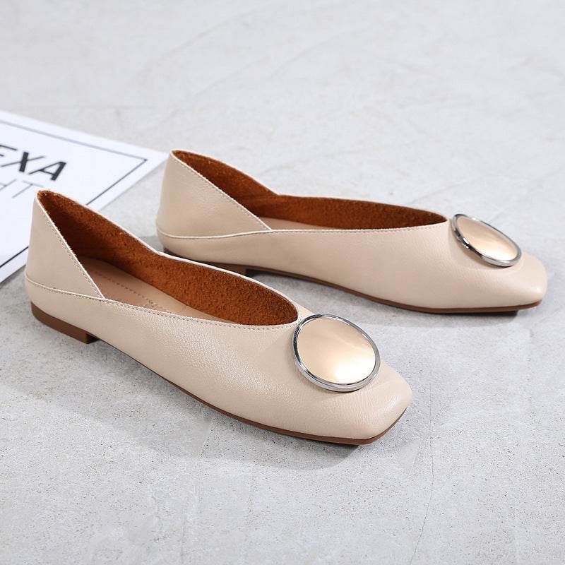 Womens Flats Shoes Ballet Vintage Genuine Leather Metal Circle - Mubimart