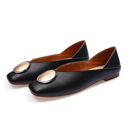 Womens Flats Shoes Ballet Vintage Genuine Leather Metal Circle - Mubimart