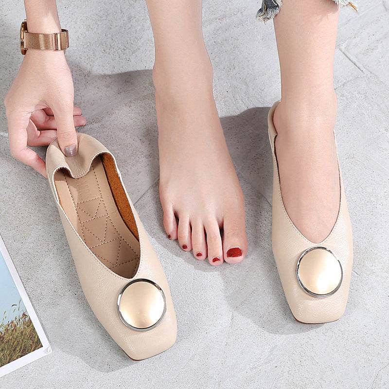 Womens Flats Shoes Ballet Vintage Genuine Leather Metal Circle - Mubimart