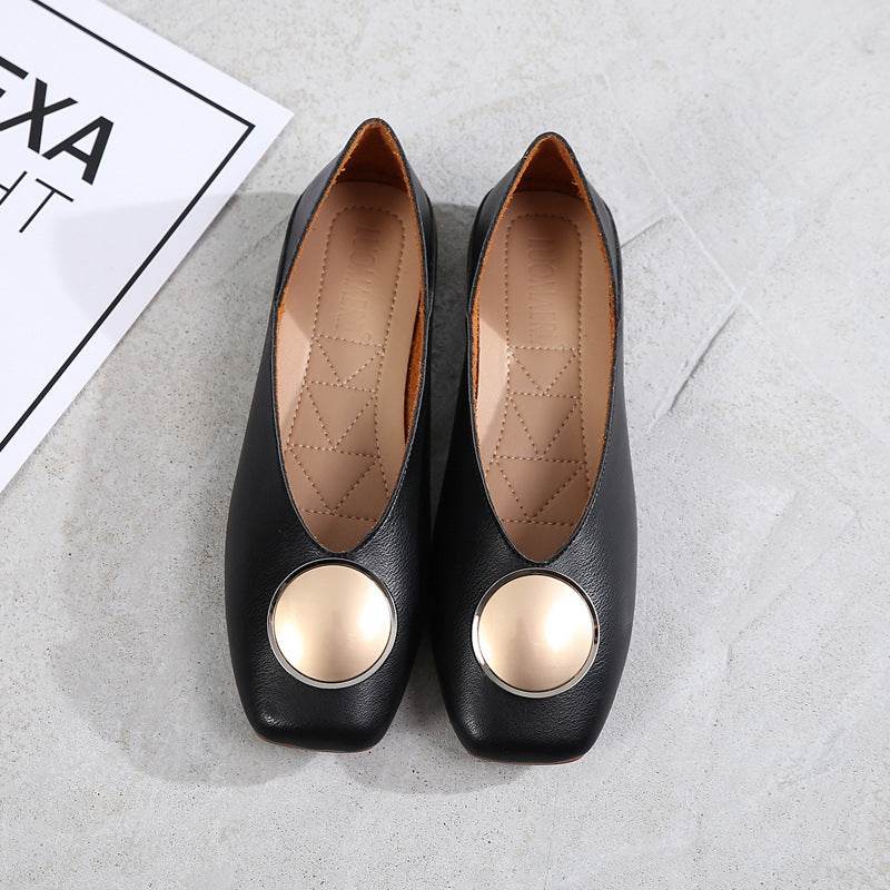 Womens Flats Shoes Ballet Vintage Genuine Leather Metal Circle - Mubimart